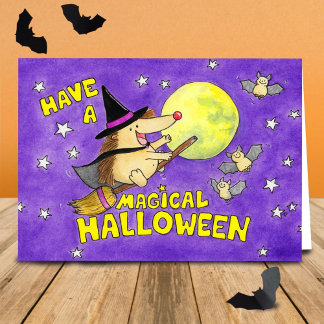 Blank Cute Halloween Hedgehog Witch Card