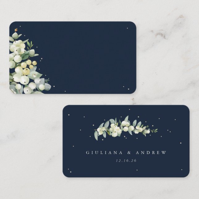 Blank Dark Navy Snowberry+Eucalyptus Wedding Flat Place Card (Front/Back)