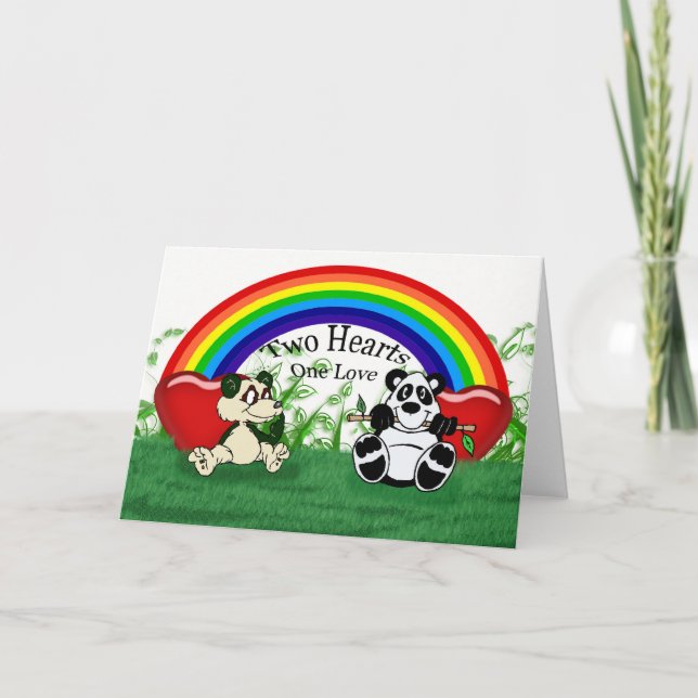 Blank gay lesbian Love card with pandas and rainbo (Front)