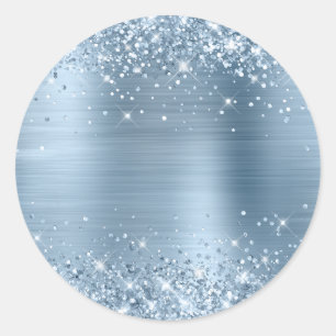 Blank Glittery Light Blue Metallic Foil Classic Round Sticker