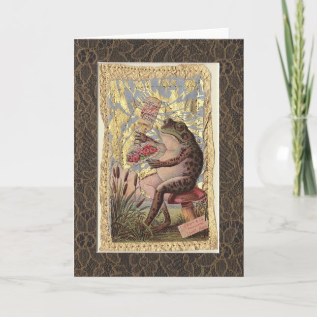 Blank Greeting Card Victorian Collage Frog Flowers (Front)