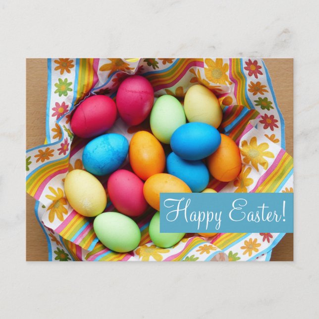 Blank - "Happy Easter" Colourful Eggs & Flowers Holiday Postcard (Front)