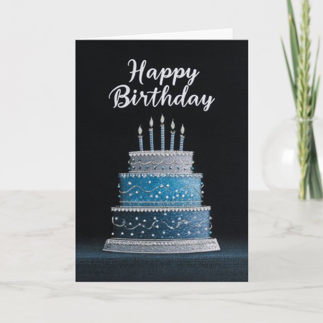 BLANK INSIDE: Blue & Silver Birthday Cake Design Card (Front)
