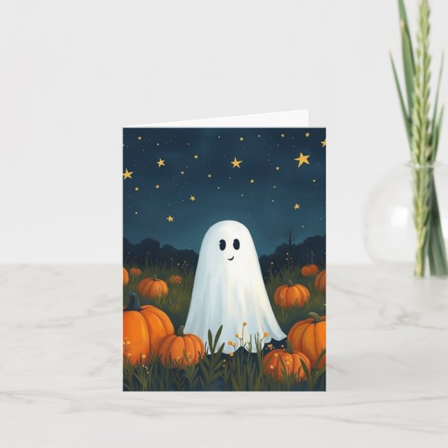 Blank inside Cute White Ghost with Pumpkins Note Card (Front)