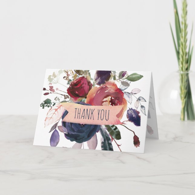 Blank Inside Elegant Boho Burgundy Navy Floral Thank You Card (Front)
