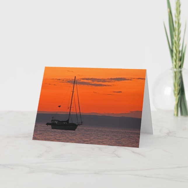 Blank Inside Sailboat Sunset Orange Sky Greeting Card (Front)