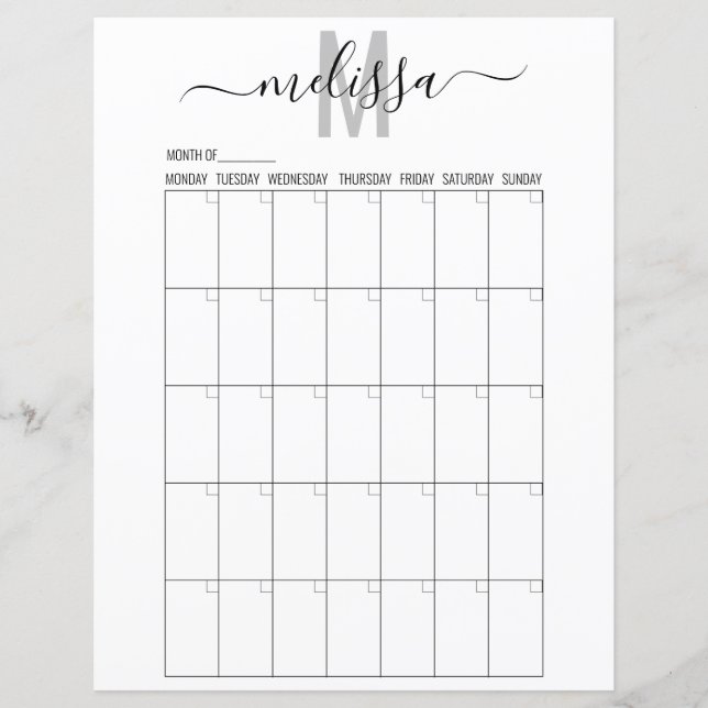  Blank Month Monogram Planning Calendar Planner (Front)