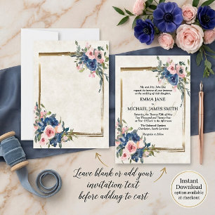 Blank Pink and blue floral with gold frame  Invitation