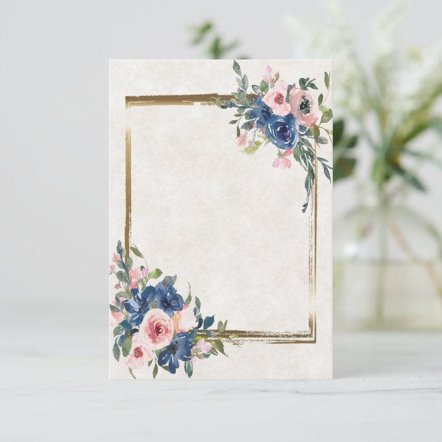 Blank Pink and blue floral with gold frame  Invitation (Standing Front)