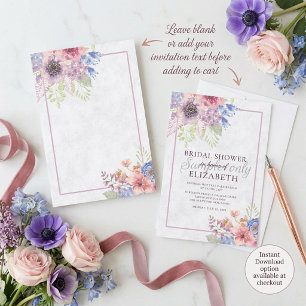 Blank Pink and blue watercolor floral wedding Invitation
