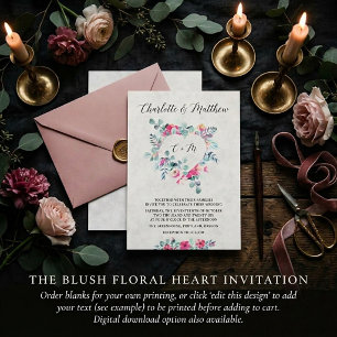 Blank Pink watercolor floral heart wedding  Invitation