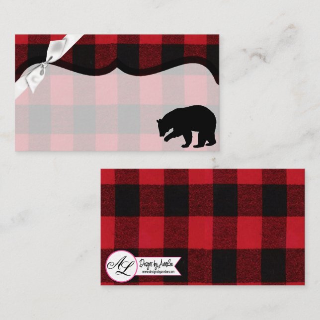 Blank Place Cards Red Buffalo Plaid Bear Bl (Front/Back)