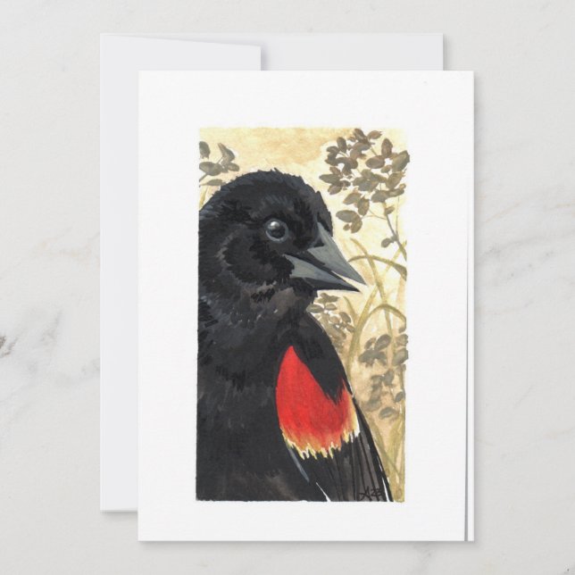 Blank - Red Winged Black Bird Watercolor  Thank You Card (Front)