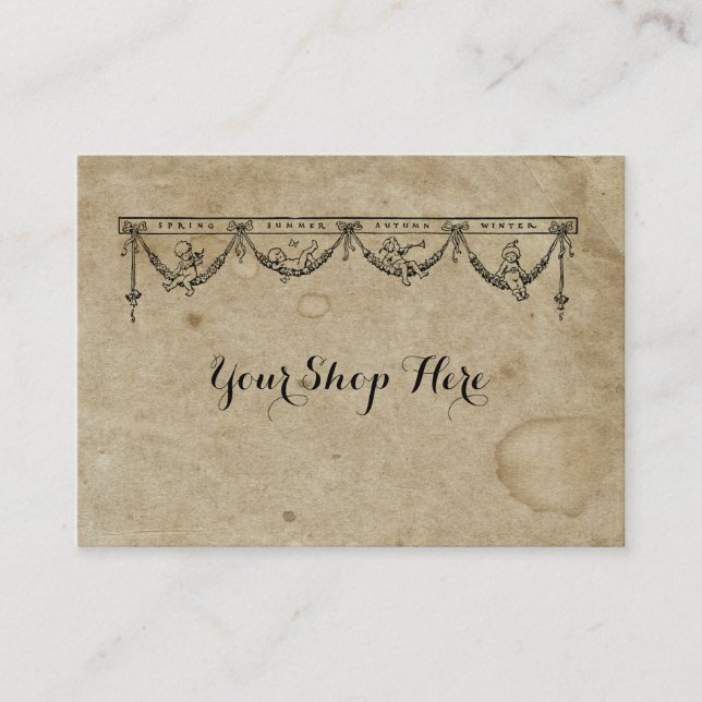 Blank Season & Cherub Antique Stained 1880's Paper Business Card (Front)