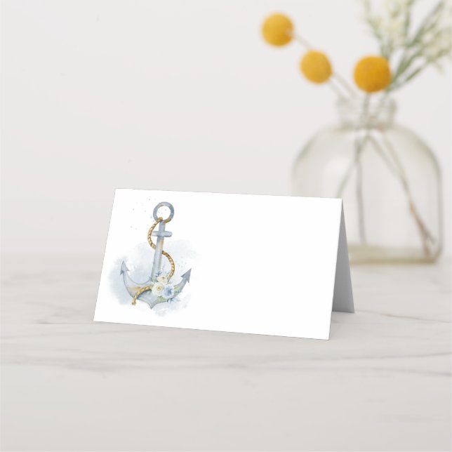 Blank Template Dusty Blue Floral Anchor Wedding Place Card (Front)