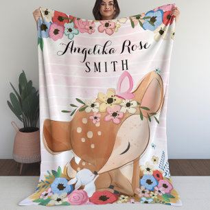 Blanket for Girls with Fawn Deer Flowers Stripes
