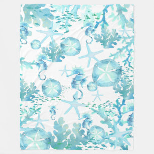 Blanket Teal Blue Seahorse Sanddollar Seashell