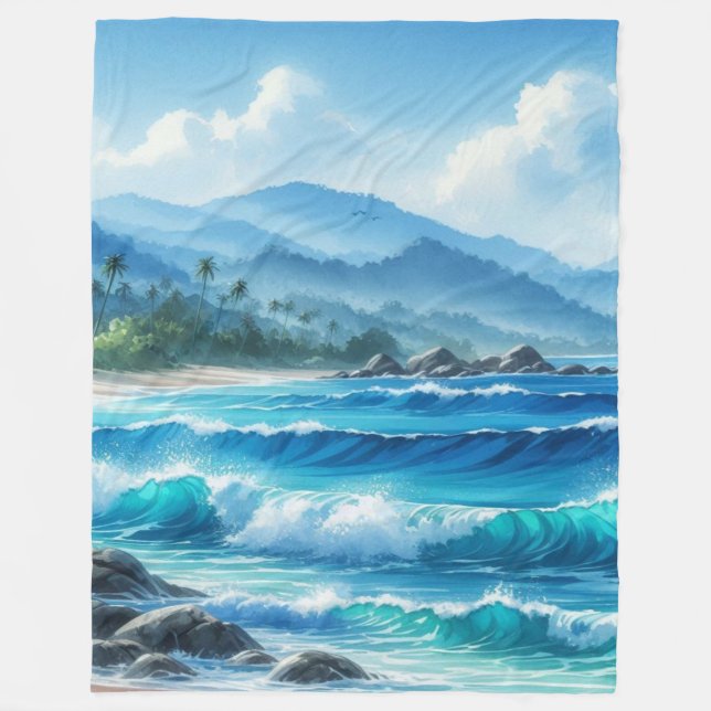 Blanket Tropical Beach Ocean Waves Watercolors (Front)