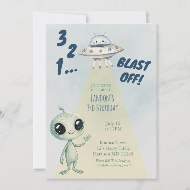 Blast Off Alien Boys Third Birthday Invitation (Front)