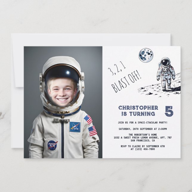 Blast Off Astronaut Costume Photo Birthday Invitation (Front)