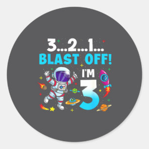 Blast Off I'm 3 Years Old 3rd Birthday Spaceship A Classic Round Sticker