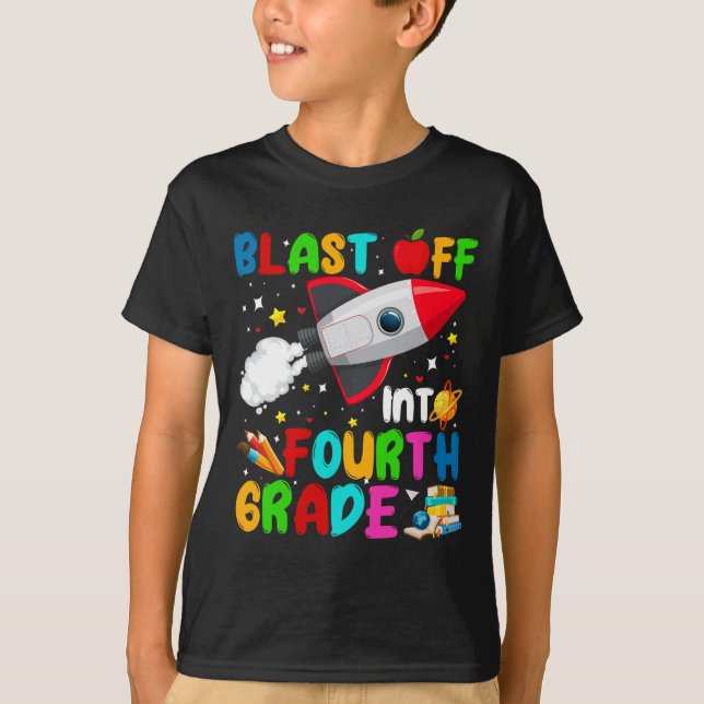 Blast Off Into 4th Grade Rocket Outer Space Back T T-Shirt (Front)