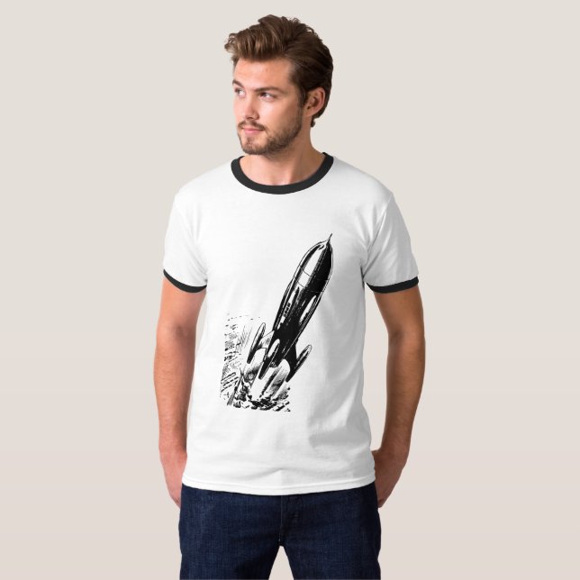 Blast Off into Adventure with Retro Comic Rocket T-Shirt (Front Full)
