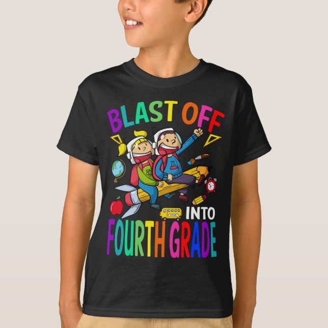 Blast Off Into Fourth Grade Rocket Back To School  T-Shirt (Front)