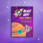 Blast Off Outer Space Kids Birthday Party Invites<br><div class="desc">Get ready to blast off with these boy or girl birthday party invitations that are out of this world! Vibrant colours,  planets,  spaceship,  and friendly alien creatures all on one birthday party invitations will have your guests and little ones over the moon. White with spaceship illustration on back.</div>