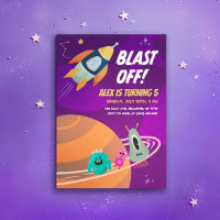 Blast Off Outer Space Kids Birthday Party Invites