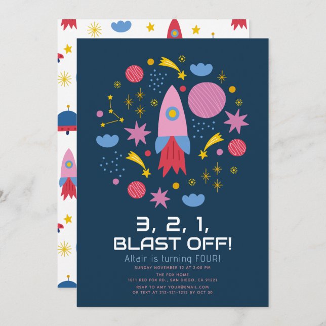 Blast Off! Outer Space Rocket Boy Birthday Invitation (Front/Back)