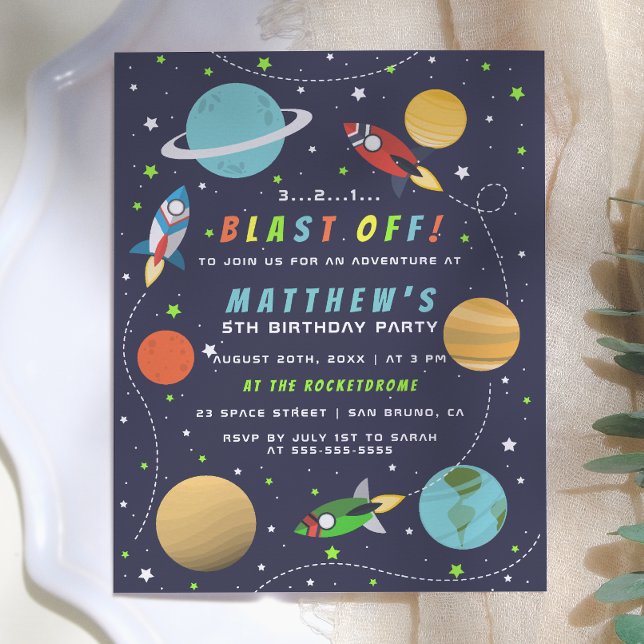 Blast Off! Outer Space Rocket Ship Birthday Party Invitation Postcard (Creator Uploaded)