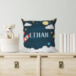 Blast Off | Personalised Outer Space Cushion<br><div class="desc">Cool space themed throw pillow for your little explorer's room features their name in white lettering,  surrounded by a rocket ship,  stars,  planets and clouds on a navy blue night sky background.</div>