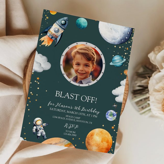 Blast Off Photo Space Theme Kids Birthday Party Invitation (Creator Uploaded)