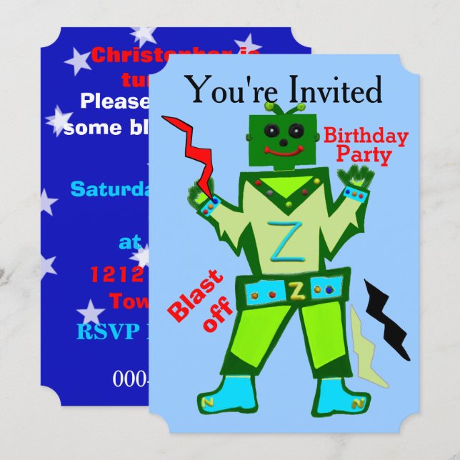 Blast Off Robot Boy and Stars Birthday Party Invitation (Front/Back)