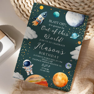 Blast Off Rocket Astronaut Outer Space Birthday Invitation