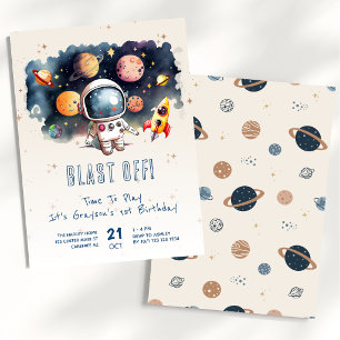 Blast Off Rocket Ship 1st Birthday Invitation