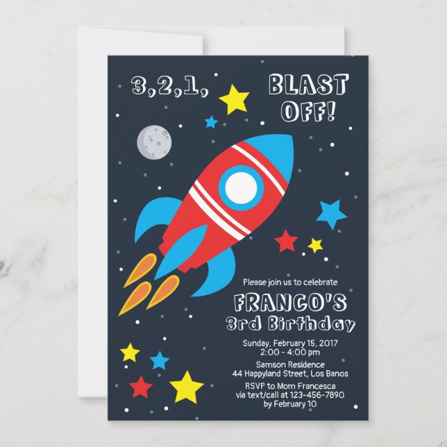 Blast Off Rocket Ship Birthday Invitation (Front)