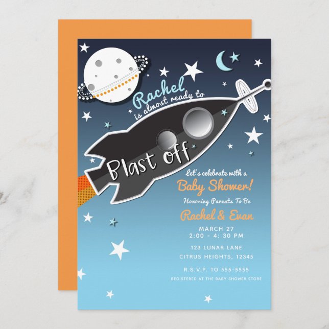 Blast Off Rocket Ship Space Baby Shower Invitation (Front/Back)