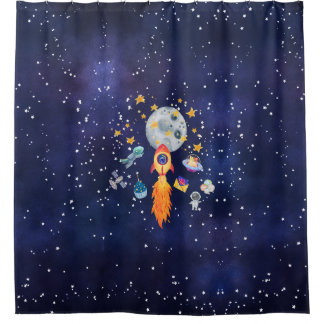 Blast-Off Rocketship Space Kids Shower Curtain