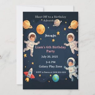 Blast Off Space Adventure Kids 6th Birthday Party Invitation
