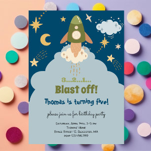 Blast off space adventure kids birthday invitation