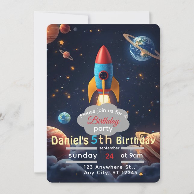 Blast Off Space Birthday Party Invitation | Birthd (Front)