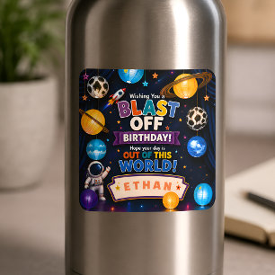 Blast Off Space Birthday Sticker for Boys Rocket