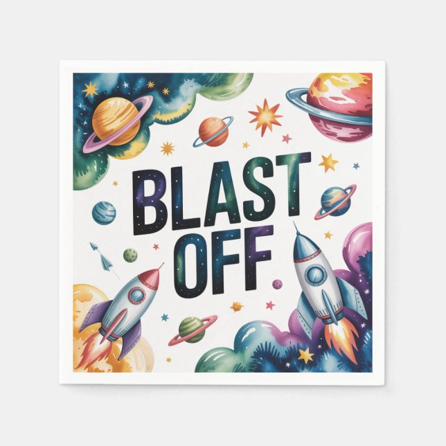 Blast Off Space Boy Astronaut Birthday Party Napkin (Front)
