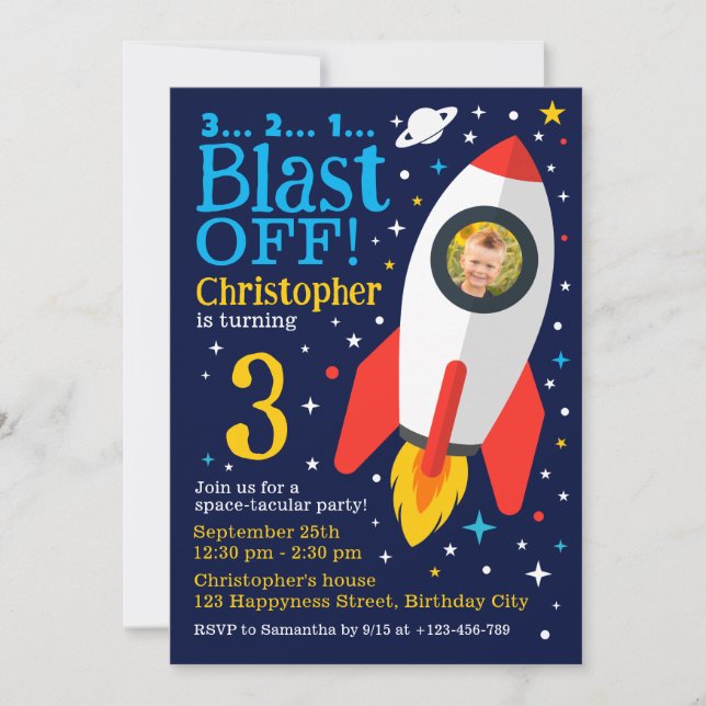 Blast Off Space Theme Kids Birthday Party Photo Invitation (Front)