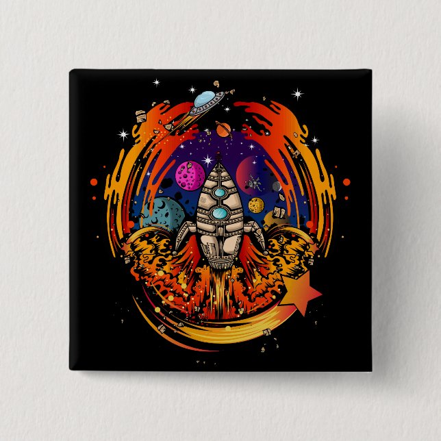 Blast Off Spaceship 15 Cm Square Badge (Front)