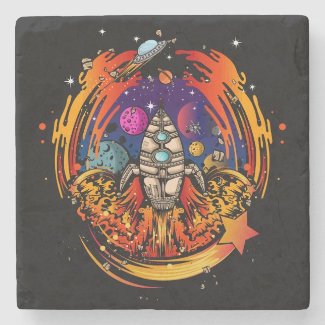 Blast Off Spaceship Stone Coaster (Front)