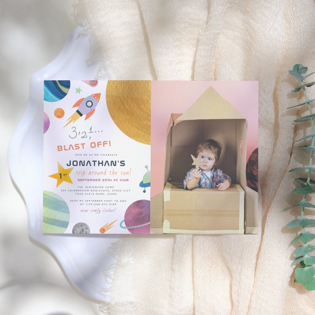 Blast Off! Trip Around The Sun Boy Birthday Photo Invitation (Creator Uploaded)