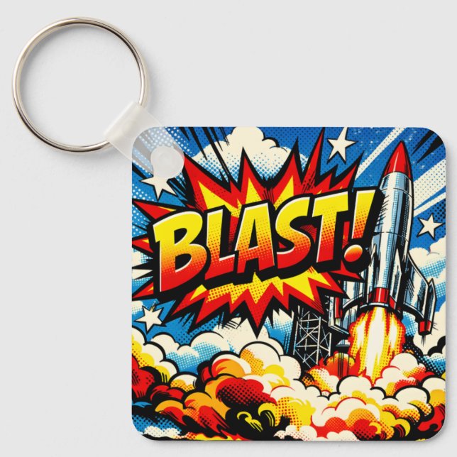 BLAST! Retro Pop Art Rocket Explosion Key Ring (Front)